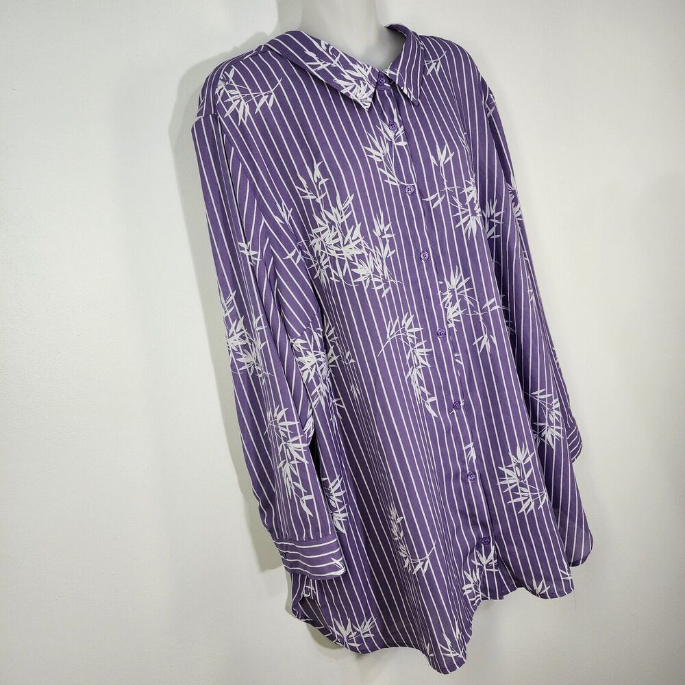 Catherines Womens Shirt Size 2X 22/24W Purple White Striped Floral Sheer Button - Picture 4 of 10